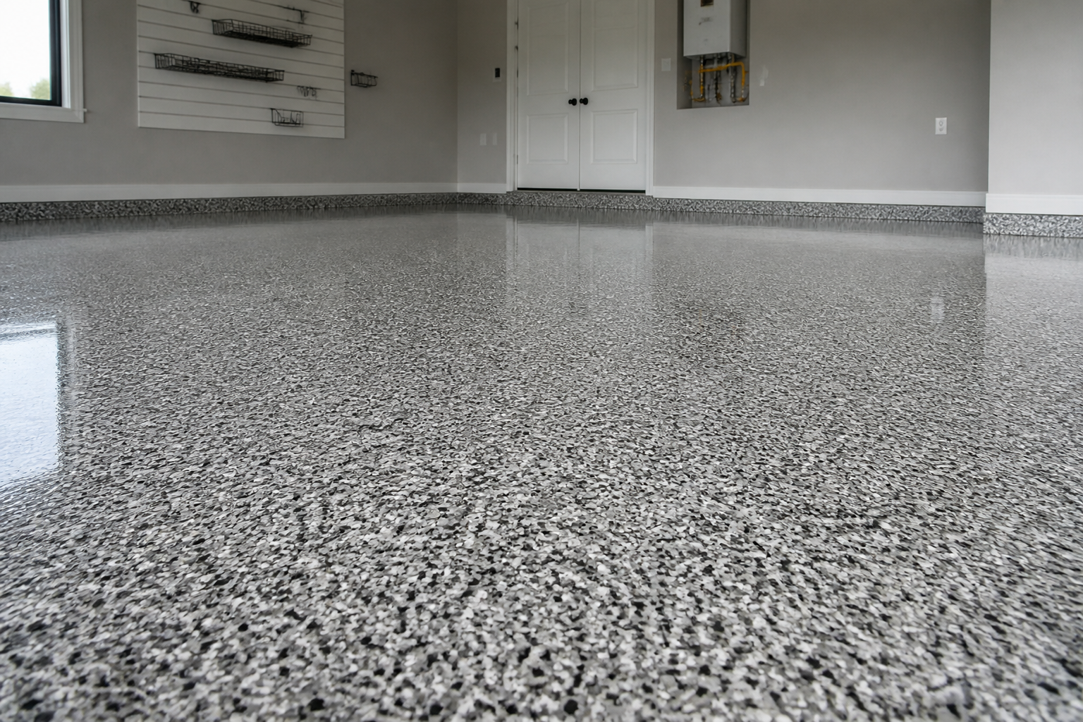 Worn unfinished concrete garage floor before Prime Epoxy Flooring flake broadcast coating in Montreal